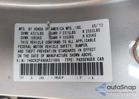 2013 Honda Accord Ex-L z USA, uszkodzony, nr VIN 1HGCR2F88DA201898
